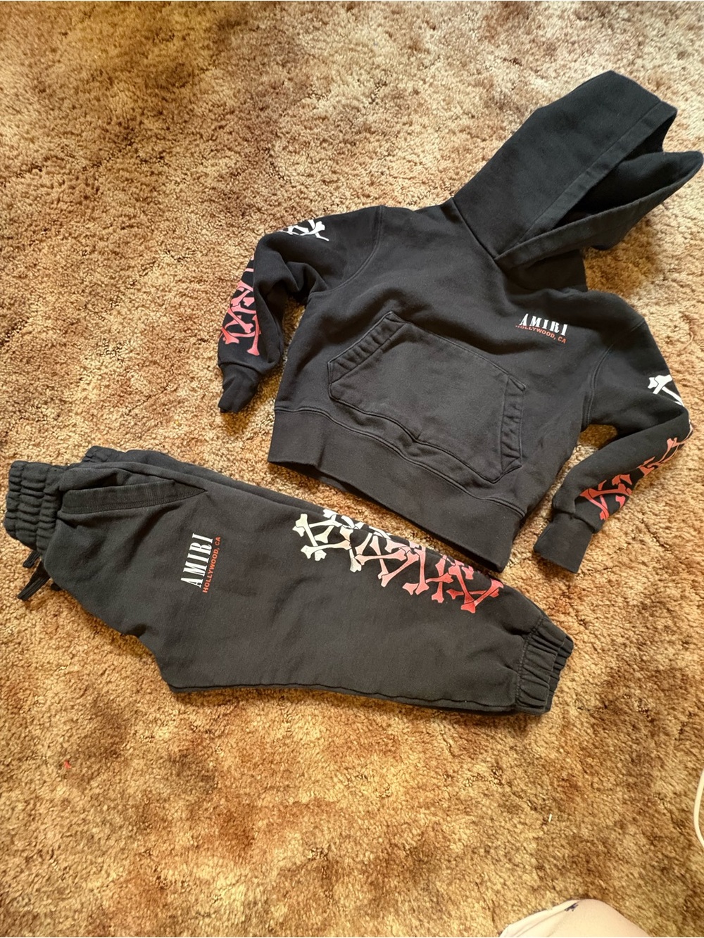AMIRI Kids Black Hoodie & Joggers Set with Red and White Sleeve Graphics
